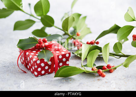 Cadeau de Noël emballés avec du papier à pois, et décorées avec des baies de houx. Cadeau enveloppé dans du papier décoratif à pois avec un ruban rouge. Banque D'Images