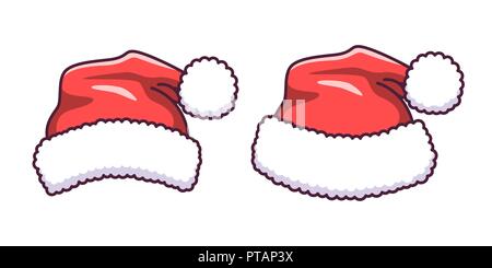 Santa Claus hat en télévision style. Vector Cartoon illustration, ensemble de chapeaux de Noël avec pompon fourrure, Mignon autocollant. Pour le Nouvel An Hat isolés et 2019 Ch Illustration de Vecteur