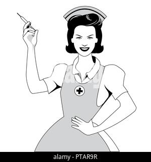 Belle et souriante retro nurse holding a syringe Illustration de Vecteur