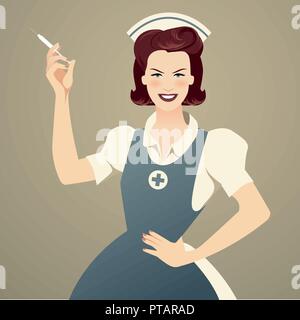 Belle et souriante retro nurse holding a syringe Illustration de Vecteur