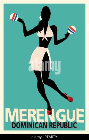 Silhouette d'girl dancing merengue avec les maracas. Style rétro République Dominicaine de l'affiche. Illustration de Vecteur