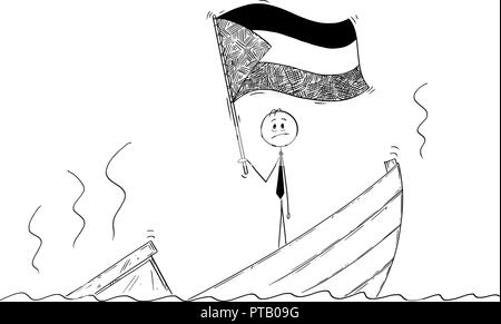 Caricature de l'homme politique debout appuyée sur bateau naufrage agiter le drapeau de l'État de Palestine Illustration de Vecteur