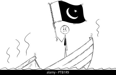 Caricature de l'homme politique debout appuyée sur bateau naufrage agiter le drapeau de la République islamique du Pakistan Illustration de Vecteur