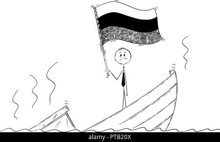 Caricature de l'homme politique debout appuyée sur bateau naufrage agiter le drapeau de la Fédération de Russie ou en Russie Illustration de Vecteur