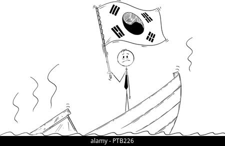 Caricature de l'homme politique debout appuyée sur bateau naufrage agiter le drapeau de la République de Corée ou Corée du Sud Illustration de Vecteur