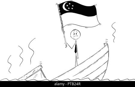 Caricature de l'homme politique debout appuyée sur bateau naufrage agiter le drapeau de République de Singapour Illustration de Vecteur