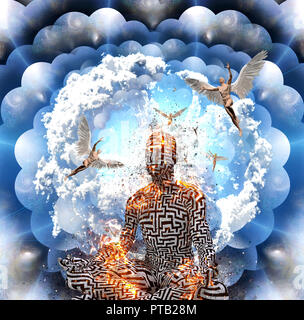 Le surréalisme. La figure de l'homme en feu avec motif labyrinthe médite dans lotus pose. Les hommes avec des ailes représente des anges. En couches multiples espaces. Banque D'Images