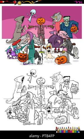 Cartoon Illustration de personnages de l'Halloween cahier de coloriage de groupe Illustration de Vecteur