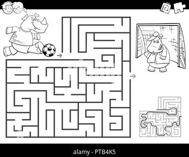 Illustration Cartoon noir et blanc de l'éducation ou l'activité Labyrinthe Labyrinthe jeu pour les enfants à jouer au soccer avec Rhino Coloring Book Illustration de Vecteur