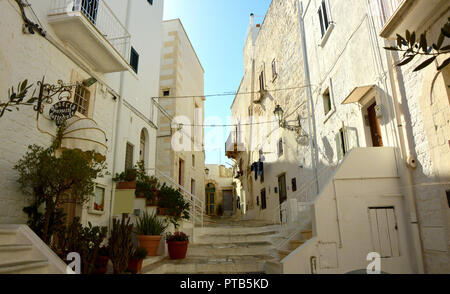 OSTUNI, ITALIE - 31 juillet 2017 : très belle vue panoramique de ruelle étroite avec des plantes dans la romantique ville blanche d'Ostuni, Pouilles, Italie Banque D'Images