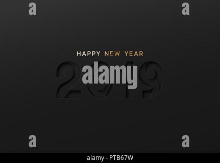 Bonne année 2019. Le texte en noir Effet de la coupe du papier avec l'en relief. Fond sombre vecteur conception créative, bannière, carte de vœux de l'affiche. Illustration de Vecteur