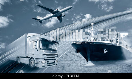 Transport de marchandises par camion, bateau et avion Banque D'Images