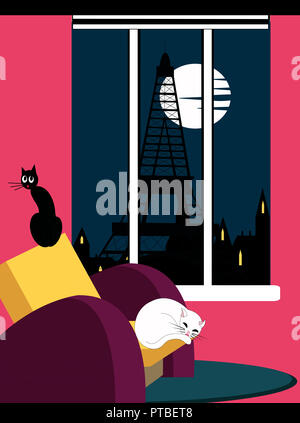Chat endormi dans un fauteuil avec la tour Eiffel en arrière-plan Banque D'Images