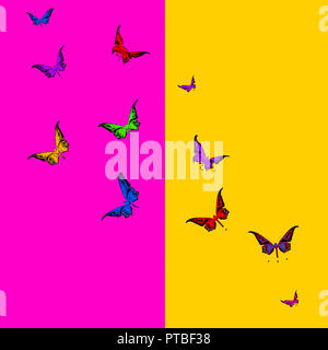Essaim de papillons stylisés multicolores silhouettes sur fond de demi-teintes couleur. Image alltered numériquement. Banque D'Images