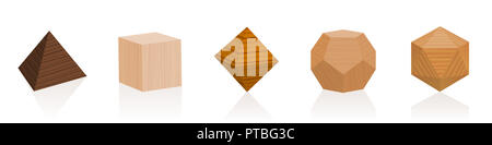 Solides de Platon. Les pièces en bois de différentes essences d'arbres. Boiseries géométriques ensemble d'échantillons avec différentes couleurs, glaçures, textures. Banque D'Images