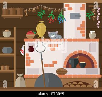 L'intérieur de fédération de maison de village avec poêle russe. Cuisine traditionnelle maison de ferme. Happy cat somnoler sur une chaise. Illustration de Vecteur