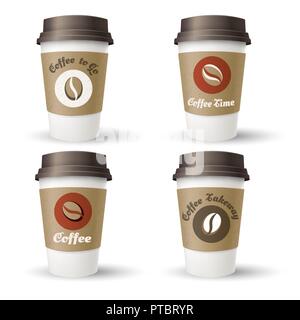 Café chaud tasses à emporter. Boisson potable jetables en plastique et papier de sortir des modèles de conteneurs pour stigmatiser isolé sur blanc, vector illustrat Illustration de Vecteur