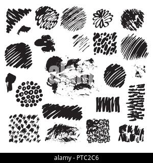 Grand ensemble d'éléments grunge dessinés à la main, isolé sur fond blanc. Les frontières de l'encre noire, les coups de pinceau, des teintures, des bannières, des taches, des éclaboussures. Vector illu Illustration de Vecteur
