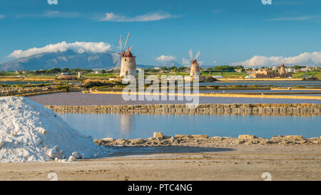 Les moulins à vent à la réserve naturelle de la "aline de Stagnone' près de Marsala et Trapani, Sicile. Banque D'Images