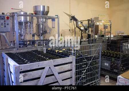 Vides et remplis des bouteilles de vin dans de l'équipement d'embouteillage avant dans une installation de production de vin, Apremont, Savoie, France. Banque D'Images