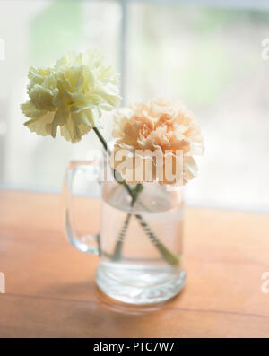 La Fête des mères, les œillets affiché dans une tasse en verre. Banque D'Images