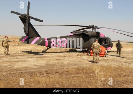 Un équipage du 1er bataillon du 140e Régiment d'aviation, la Californie, la Garde nationale de l'armée, basé à Fresno, Californie, procéder à leur UH-60 Black Hawk avant une mission de tir Garza 13 juillet à l'Aéroport Municipal de Coalinga. C'est l'un des cinq UH-60s en réponse à l'incendie du comté de Kings, l'un des quelque deux douzaines d'incendier la Californie à la mi-juillet 2017. Banque D'Images