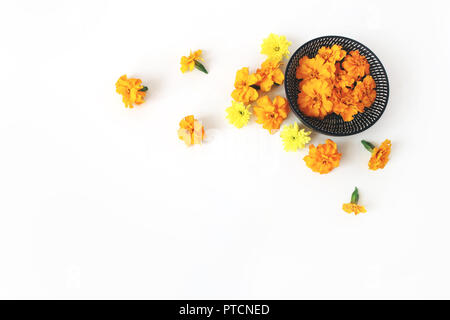 Dia de los Muertos, le Jour des Morts Mexicain 24 composition. Orange tagetes, marigold et chrysanthème jaune fleurs en noir et blanc sur la cuvette arrière-plan du tableau. Mise à plat de l'Halloween, vue du dessus Banque D'Images