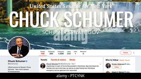 Page Twitter pour Chuck Schumer. Ellis Charles Schumer est un homme politique américain, agissant comme conseiller principal des États-Unis le sénateur de New York, un siège qu'il a été élu pour la première fois en 1998. Membre du Parti démocrate, il a également été le chef de la minorité du Sénat depuis 2017. Banque D'Images