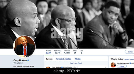 Page Twitter pour Cory Booker. Anthony Cory Booker, est un homme politique américain, agissant comme la United States junior le sénateur du New Jersey depuis 2013 et membre du parti démocrate. Banque D'Images