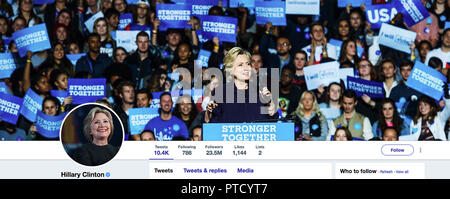 Page Twitter pour Hillary Clinton. Hillary Diane Rodham Clinton, un homme politique et diplomate américain, qui a été la première dame des États-Unis de 1993 à 2001, le sénateur américain de New York de 2001 à 2009, 67e Secrétaire d'État des États-Unis de 2009 à 2013, et que le candidat du Parti démocrate à la présidence des États-Unis dans l'élection de 2016. Banque D'Images