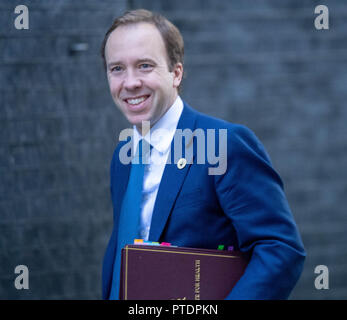 Londres 9 octobre 2018, Matt Hancock, PC, Heath, Secrétaire , arrive à une réunion du Cabinet au 10 Downing Street, London Credit Ian Davidson/Alamy Live News Banque D'Images