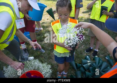 Bell Makenna rassemble des fleurs à jeter sur les tombes dans l'article 21 du Cimetière National d'Arlington, Arlington, Va., le 17 juillet 2017. Plus de 400 professionnels ont participé à paysage bénévole l'Association nationale des professionnels du paysage et de renouvellement annuel 21 souvenir à l'ANC. Banque D'Images