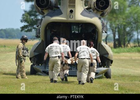 Une équipe d'aide médicale en cas de catastrophe (DMAT) procède à la formation d'évacuation aéromédicale en simulant le transport médical des blessés au cours d'exercices 17 PATRIOT North à Volk Field Air National Guard Base Juillet 18, 2017. La DMAT comprend le personnel médical qui peut fournir des soins médicaux d'intervention rapide jusqu'à d'autres ressources ou d'un contrat peut être mobilisé. DMATs sont une composante du ministère américain de la Santé et des services médicaux en cas de catastrophe nationale des équipes de réponse du système, un partenaire civil fédéral pour Patriot. Banque D'Images