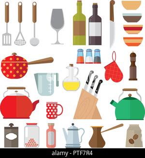 Ensemble d'ustensiles de cuisine et accessoires. Divers articles : vaisselle, casseroles de la cuisine sur un fond blanc. Illustration de Vecteur
