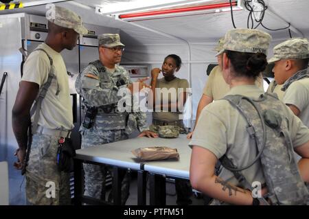 Le Sgt. 1re classe Reno Johnson, un observateur Coach Trainer avec préparation médicale et le commandement de l'instruction, parle à l'cuisiniers affectés à la 3ème commande (Médical) de soutien au déploiement d'appui au combat au cours de l'hôpital 345Medic Global 2017 à Fort Hunter Liggett, en Californie. Johnson est un nutritionniste pour veiller à la préparation des aliments et de la planification est efficace aux soins pour les près de 250 soldats affectés à la CSH, ainsi que les patients ayant des besoins alimentaires spécifiques. L'exercice fonctionne 8-28 Juillet, 2017. Global Medic's formation unique permet aux médecins de réserve de l'armée américaine pour former des unités alongs Banque D'Images