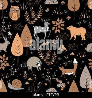 Cute vector seamless pattern avec plantes forestières, le raton laveur, l'ours, le cerf, les oiseaux, et les renards. Automne fond Illustration de Vecteur