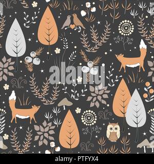 Cute vector seamless pattern avec les plantes, les oiseaux, et les renards. Automne fond Illustration de Vecteur