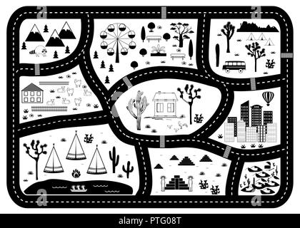 Road, les montagnes et les bois Carte d'aventure. Tapis de jeux des enfants ou de l'affiche avec les Américains autochtones éléments tribaux. Noir et blanc très tendance Style scandinave. Illustration de Vecteur