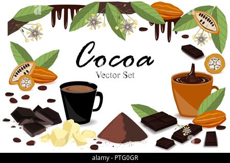 Cute frame bannière avec la nourriture super collection de cacao. Pod, haricots, beurre de cacao, liqueur de cacao, chocolat, boisson cacao, splash, et en poudre. Vector set Illustration de Vecteur