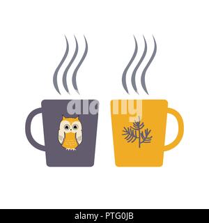 Deux cute cartoon tasses avec boisson chaude. Élément de design Hygge, vector illustration Illustration de Vecteur