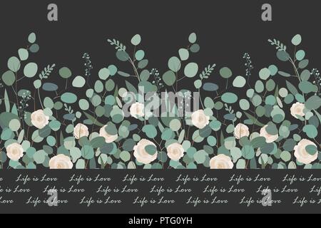 Transparente élégante avec des branches d'eucalyptus de dollar en argent et roses sur fond noir. Pour la literie design textile, cartes, frontières. Vector Illustration de Vecteur