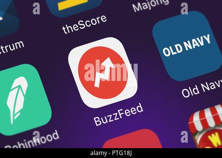 Londres, Royaume-Uni - Octobre 09, 2018 : Capture d'écran de l'app mobile BuzzFeed BuzzFeed. Banque D'Images