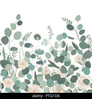 Modèle transparent avec des branches d'eucalyptus et de roses. Illustration de Vecteur