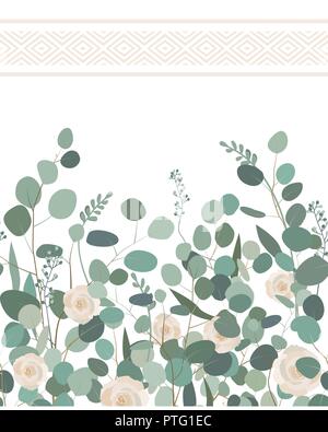 Transparente élégante avec des branches d'eucalyptus de dollar en argent et roses sur fond blanc. Pour la literie design textile, cartes, frontières. Vector Illustration de Vecteur