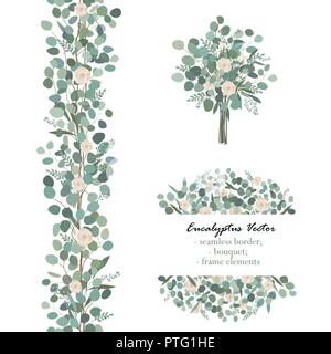 Éléments de conception avec white rose fleurs et branches d'eucalyptus. Bouquet, frontière perméable, élément du châssis. Message d'accueil, inviter mariage modèle. Il vecteur Illustration de Vecteur