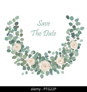 Rose blanche fleur mignon avec branche d'eucalyptus, de dollar en argent couronne ronde. Message d'accueil, inviter mariage modèle. Bordure de cadre rond avec Save the date te Illustration de Vecteur