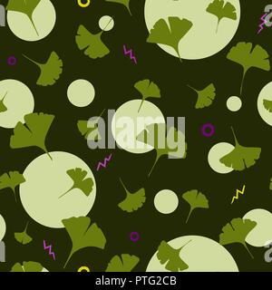 Modèle intégré de ginkgo sur fond sombre avec des cercles et cartoon cute la foudre. Vector illustration Illustration de Vecteur