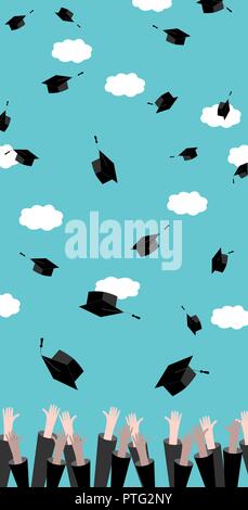 Concept de l'éducation, de bannière verticale. Jeter l'obtention du diplôme Les diplômés mains chapeaux en l'air. La réussite des élèves diplômés de l'enseignement de célébration. Télévision desig Illustration de Vecteur