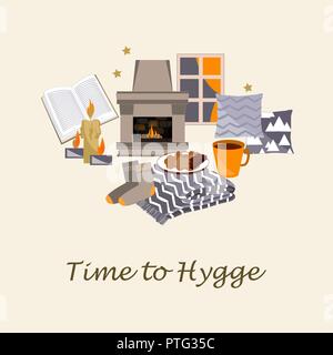 Temps de Hygge Vector illustration. Accueil chaleureux des choses comme des bougies, des oreillers, une cheminée, un tapis, du thé et des biscuits. Concept de vie danois. Carte de voeux modèle caractéristique Illustration de Vecteur