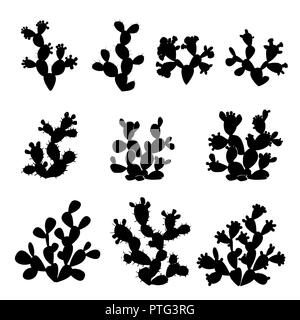 Oponce de l'est collection. Diverses formes d'Opuntia isolé sur fond blanc. Opuntia ficus indica, silhouettes. Pays Mexique, symbole vecto Illustration de Vecteur